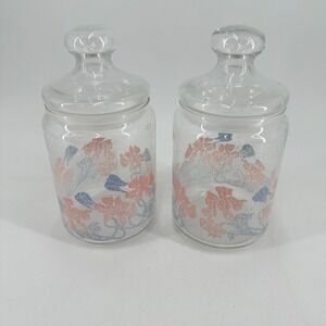 Vintage Floral Glass Apothecary Jars Set of 2 Pink Blue Botanical Canisters